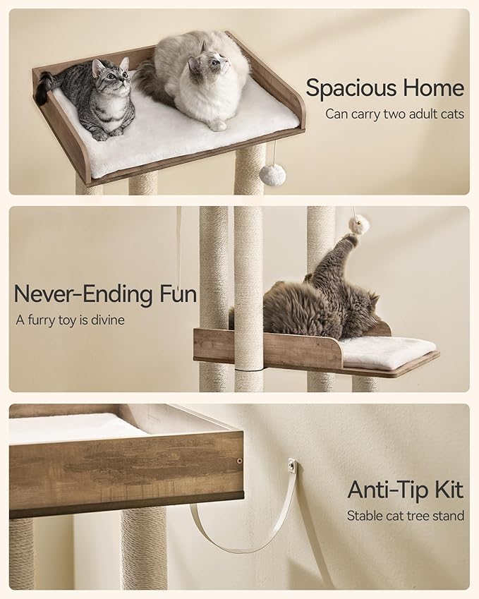 FourFurPets 43.7" Cat Tree, Modern Cat Tree Tower, Cat Tower for Indoor Cats Large Adult, Cat Condo with Scratching Post, Large Perch and Removable Pads, Greige-Mewly Pet