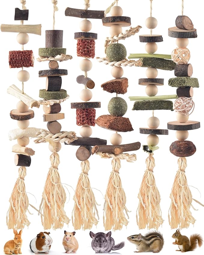 6PCS Bunny Chew Toys, Hamster Rabbit Cage Hanging Chew Toys, Natural Apple Wood Bunnies Treats, Improve Small Animal Teeth Health for Guinea Pig Chinchilla Ferret Rats Gerbil-Mewly Pet