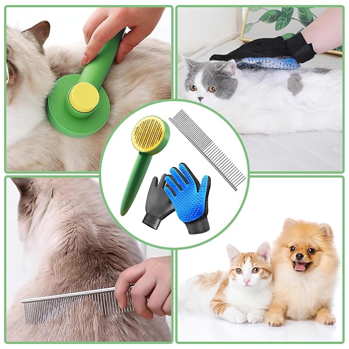 Dog & Cat Brush,Pet Grooming Kit 4PCS- Dog Brush for Shedding| A Pair Pet Hair Removal Gloves| Metal Comb for dog.Removes Undercoat, Loose Hair, Tangled, Dirt and Massages. All hair Types-Mewly Pet