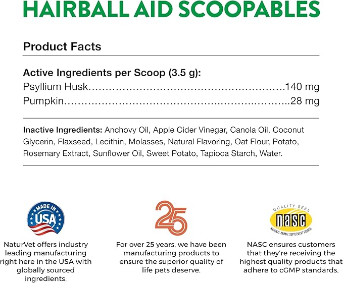 NaturVet Scoopables Hairball Aid for Cats - Helps Prevent & Eliminate Hairballs - Psyllium Husk & Pumpkin - Salmon Flavored Cat Health Supplement - Tastes Like Treats & Prevents Hairballs | 5.5oz Bag-Mewly Pet