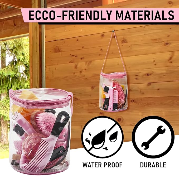 9 Pieces Horse Grooming Kit Tack Room Supplies Set with Organizer Tote Bag, Oval Massage Curry, Hard and Soft Brush, Hoof Pick, Sweat Scraper, Bathing Sponge, Combs for Horse Riders Beginners (Pink)-Mewly Pet