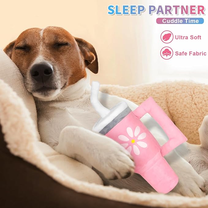 Squeaky Dog Toy - Crinkle Pup Cup Tumbler Plush Dog Toy with Cute Daisy Design for Small Medium Breeds, Funny Interactive Puppy Birthday Gift (Pink)-Mewly Pet