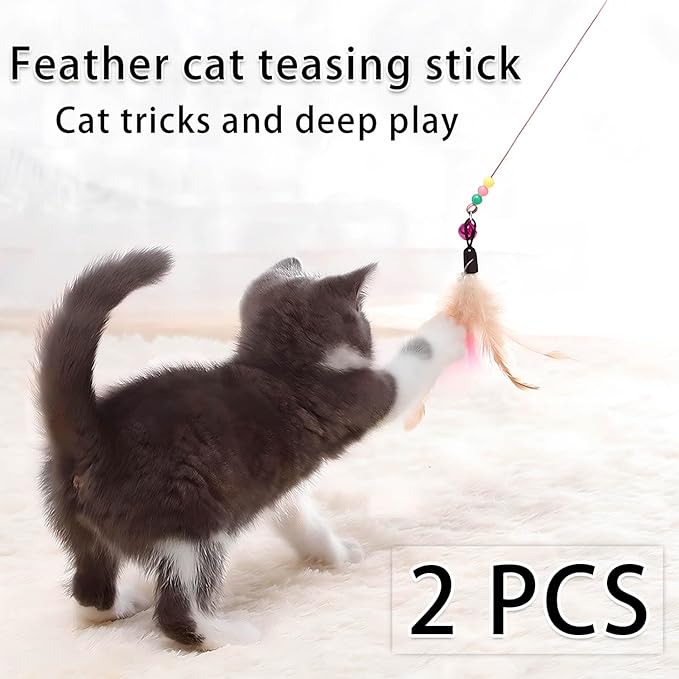 Cat Toys Interactive for Indoor Cats,2 PCS Cat Feather Toys and Wand Toys for Chase Exercise and Teaser Play with Kitten-Mewly Pet