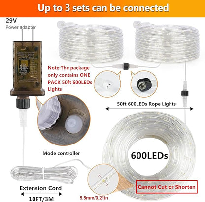 OMIKA 50ft Connectable Outdoor Rope Lights, 600 LED Warm White Strip Light Plug in for Indoor with Waterproof 8 Modes, Outdoor String Lights for Garden, Backyard, Patio, Deck, Pool, Camping Decor
