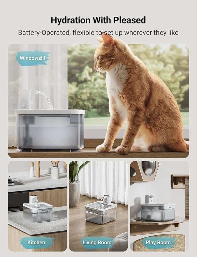 DownyPaws Battery Operated Cat Water Fountain, 84oz/2.5L Fursink Wireless Pet Water Fountain for Cats Inside, Automatic Dog Water Dispenser with Motion Sensor, Ultra Quiet Pump, BPA-Free, White-Mewly Pet