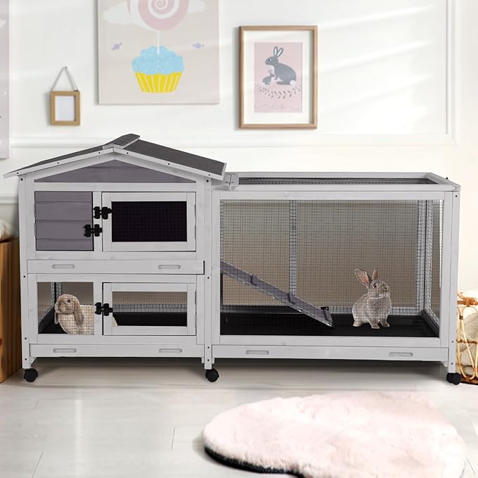 2-Story Indoor Rabbit Hutch with Chew-Proof Outdoor Rabbit Cage with 6 Locking Casters Bunny Cage 2 Pull-Out Trays Guinea Pigs Cage 62"-Mewly Pet