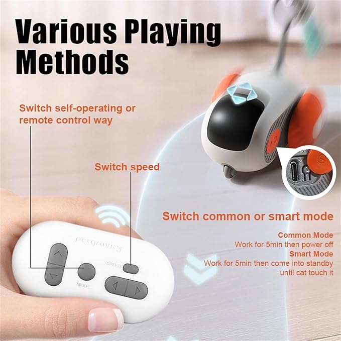 1pc Interactive Automatic Remote Control Cat Mice Car Toy and 1pc Smart Electric Moving Speedy Cat Ball Toy with Feather Tail, Suitable for Dogs, Keep Busy, Stimulating, Rechargeable (orange)-Mewly Pet