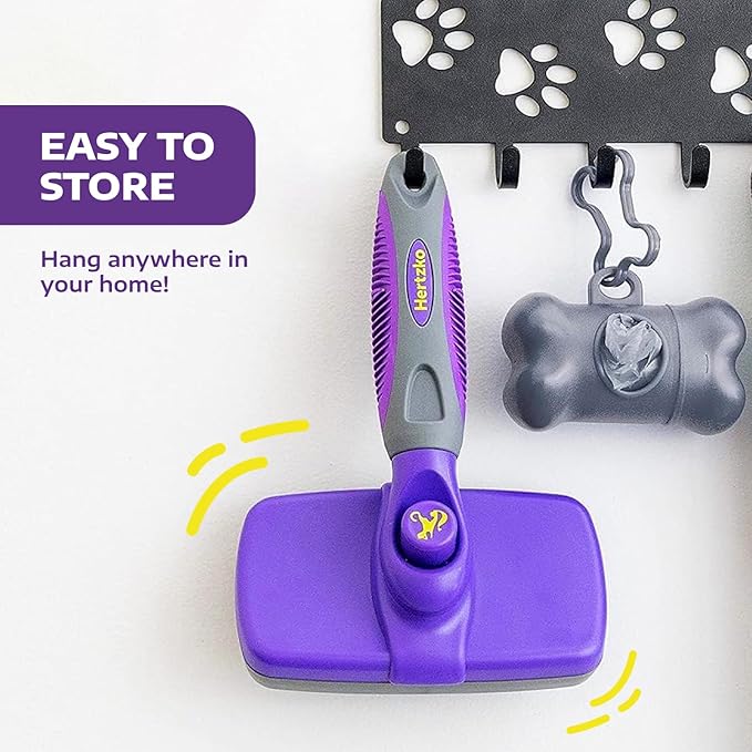 Hertzko Self-Cleaning Slicker Brush - Cat and Dog Brush for Shedding, Tangles and Dirt - Gentle Grooming Tool for Sensitive Skin - Pet Hair Remover for Long and Short Coats - Purple-Mewly Pet