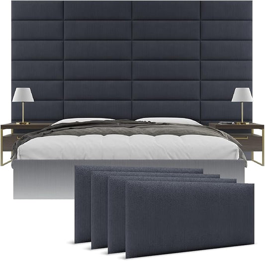Vänt Upholstered Wall Panels - Queen/Full Size Wall Mounted Headboards - Ribbed Midnight Blue - Set of 4 Panels (Each Individual Panel 30"x11.5")