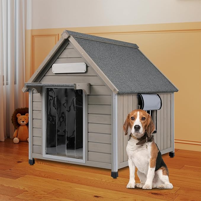 Outdoor Dog House Weatherproof Large Wooden Dog Kennel Indoor for Small Dogs with Chew-Proof Frame, Oxford Fabric Window, Removable Floor Pet Shelter (Grey, 30.5" D x 37.4" W x 39.3" H)-Mewly Pet