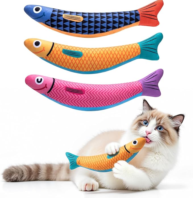 Interactive Cat Toys with[5000mg Premium A+Catnip][Baby Grade] Soft Chew Kicker Cat Toys for Indoor Cats & Kittens, Crinkle &Rattle Fish Sound Toy, Drives Bored Cats Crazy with Fun,3 Pack-Mewly Pet