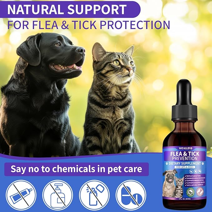 Flea and Tick Prevention Support for Cats and Dogs Natural Flea Treatment Drops with Multivitamin for Pets Oral Natural Supplement Flea and Tick Treatment Drops for All Breeds and Ages-Mewly Pet