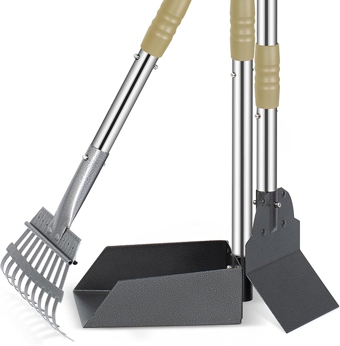 Heeyoo Dog Pooper Scooper, Dog Poop Tray and Rake Set, Pet Waste Removal Scoop with Long Adjustable Sectional Stainless Handles-Mewly Pet