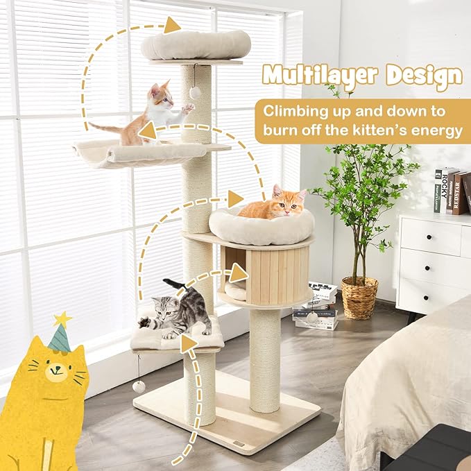 PETSITE 68.5" Tall Cat Tree, Multi-Level Modern Cat Tower with Sisal Scratching Posts, Top Perch, Cat Condo, Hammock, Jingling Balls, and Washable Cushions, Cat Tree Tower for Indoor Cats Large Adult-Mewly Pet