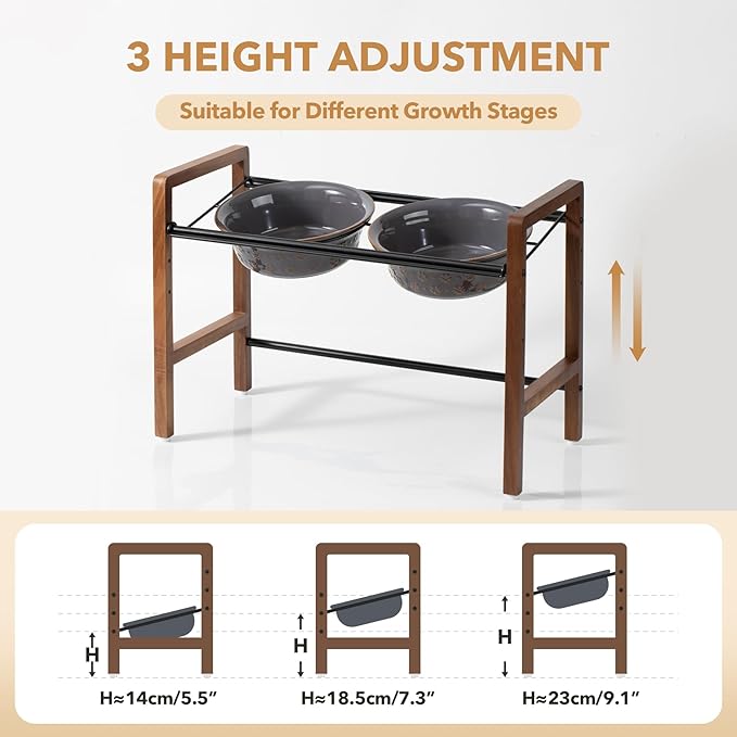 7.1inch Ceramic Adjustable Raised Double Bowls Set with Stand, 3 Heights Elevated, 2 Placement Options,Food and Water Bowls for Medium and Large Dog(Reactived Glaze -Grey)-Mewly Pet