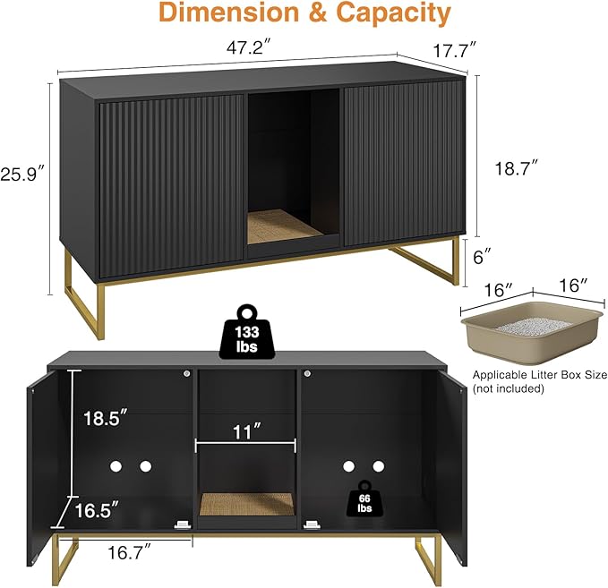 Litter Box Enclosure for 2 Cats, Fluted Hidden Cat Litter Box Furniture with Scratch Pad and Metal Legs, Modern Double Room Kitty House for Living Room, Washroom, 47.2”L x 17.7”W x 25.9”H, Black-Mewly Pet