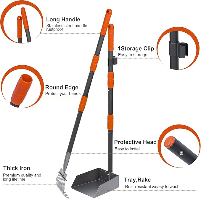 Niubya Pooper Scooper for Dogs, Metal Poop Scooper Tray and Rake Set with Adjustable Long Handle, Dog Pooper Scooper for Pet Waste Removal-Mewly Pet