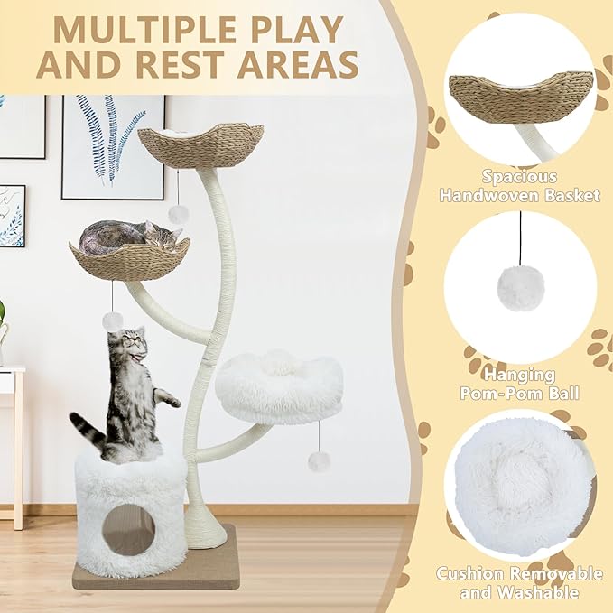 63” Tall Cat Tree Tower for Indoor Cats, Multi-Level Large Cat Climbing Furniture with Scratching Posts, Soft Perch, Cozy Cave, and Hanging Toys, Sturdy Design for Multi-Cat Households-Mewly Pet