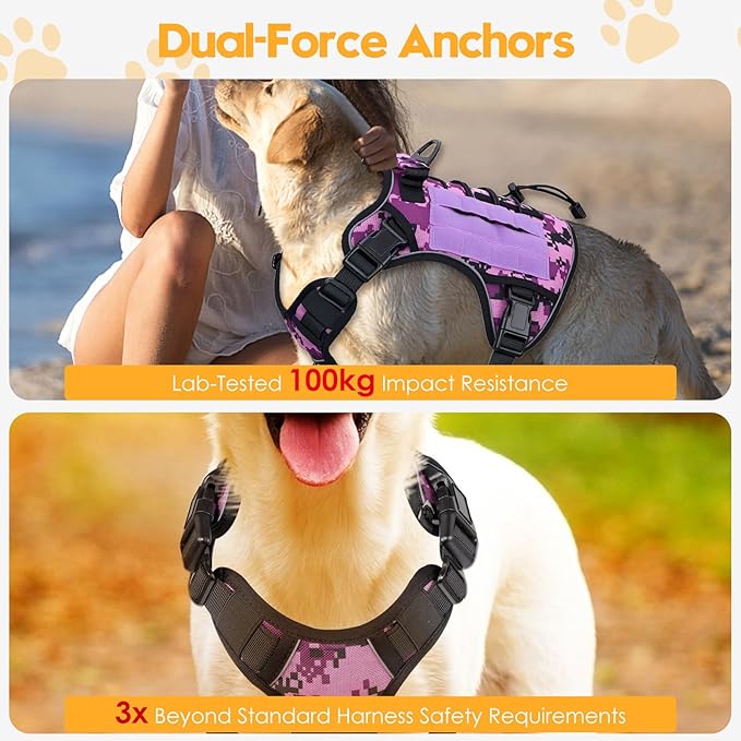 Heavy-Duty Tactical Dog Harness for Large Dogs, No Pull Adjustable Reflective Pet Vest with Molle System, K9 Military-Grade Control for Service Training, Outdoor & 10+ Breeds, Purple Camo, Large-Mewly Pet