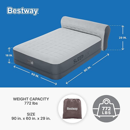 SleepLux Queen Air Mattress with Headboard | Supersoft Snugable Top, Extra Durable Tough Guard | Raised Airbed with Built in Pump + USB Charger (90"x60"x29") Grey