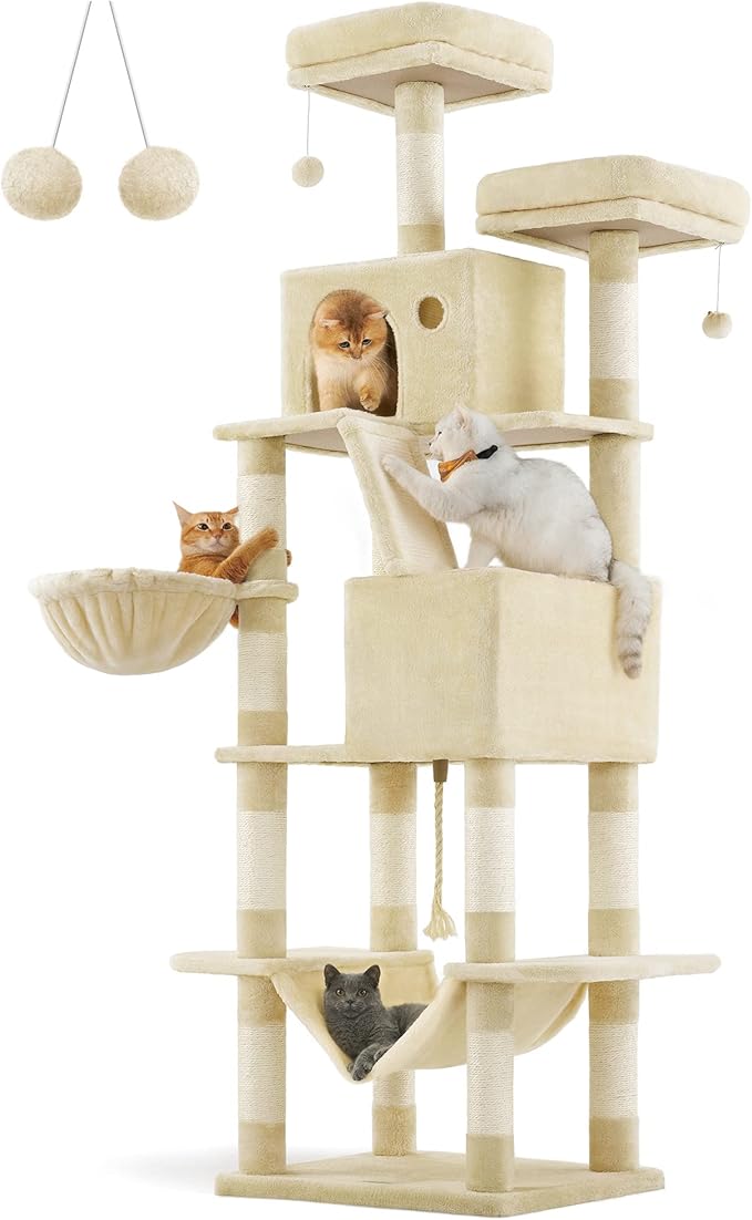 Feandrea Cat Tree, 81.1-Inch Large Cat Tower with 13 Scratching Posts, 2 Perches, 2 Caves, Basket, Hammock, Pompoms, Multi-Level Plush Cat Condo for Indoor Cats, Beige UPCT190M01-Mewly Pet