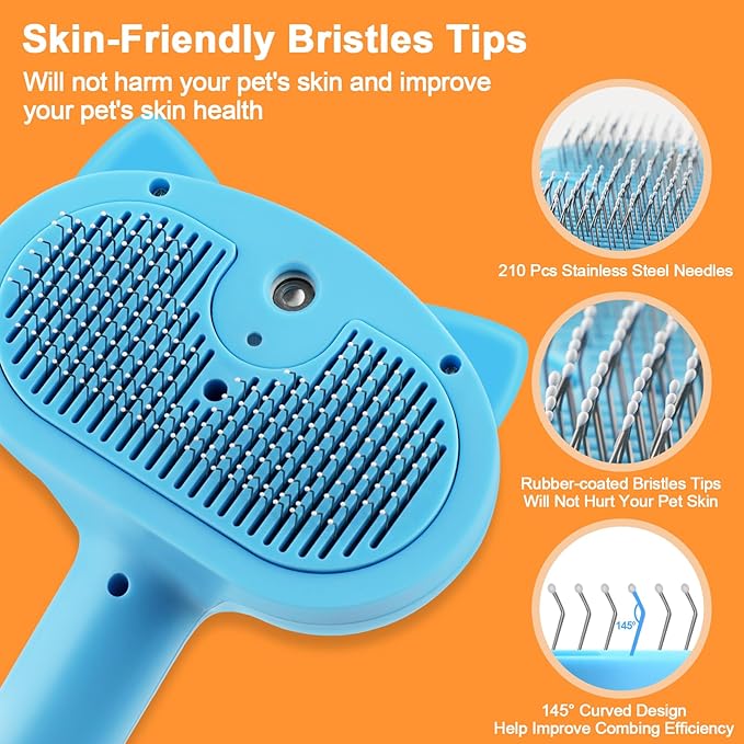 Cat Steam Brush for Shedding, 4 in 1 Steamy Cat Brush with Release Button, Self Cleaning Metal Pet Misting Hair Comb with Handle for Grooming Kitten Dog(Blue)-Mewly Pet