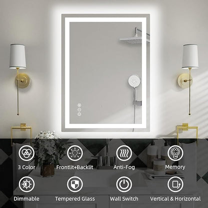 32x32 Inch Lighted Bathroom Mirror for Wall, LED Mirror for Bathroom, Dimmable, Anti-Fog, Lighted Bathroom Vanity Mirror for Wall, ETL Listed, Tempered Glass(Horizontal/Vertical)