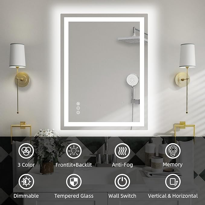36"x 28" LED Bathroom Mirror with Lights, Anti-Fog, Dimmable, 3 Colors Front and Backlit LED Mirror for Bathroom, Lighted Bathroom Vanity Mirror for Wall Mounted Horizontal/Vertical