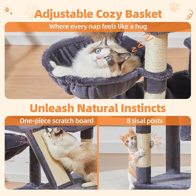 Taoqimiao Cat Tree 57.5-Inch, Cat Tower for Indoor Cats Large Adult, Extra Large Cat Condo, 8 Sisal Scratching Posts, Metal Frame Cozy Hammock, Durable Scratch Board, 2 Top Perches, Smoky Gray MS026G-Mewly Pet