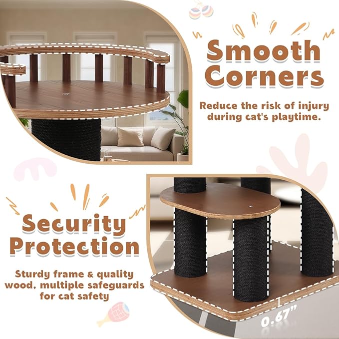 63'' Modern Cat Tree, Black Cat Tower with Scratching Post, Wooden Cat Tree for Indoor Cats Large Adult, Luxury Cat Furniture, Heavy Duty Activity Center with Transparent Bowl and Semi-Closed Condo-Mewly Pet