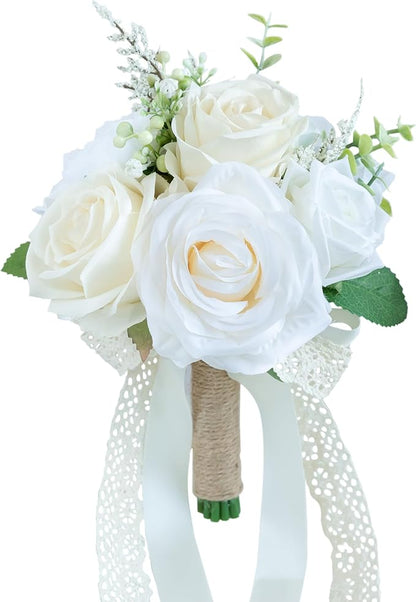 Wedding Bouquets for Bride Bridesmaid, Artificial White Champagne Bride Flower Bouquet for Wedding Church Decoration Ceremony, Anniversary, White Roses Flowers