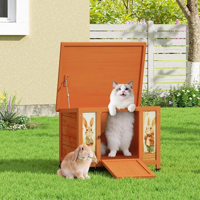 COZIWOW 24in Wooden Cat House Outdoor & Indoor Pet Shelter with Foldable Ramp - Weatherproof Rabbit Hutch with Unique Machine-Printed Art Designs for Cat, Rabbit, Guinea Pig (Orange)-Mewly Pet