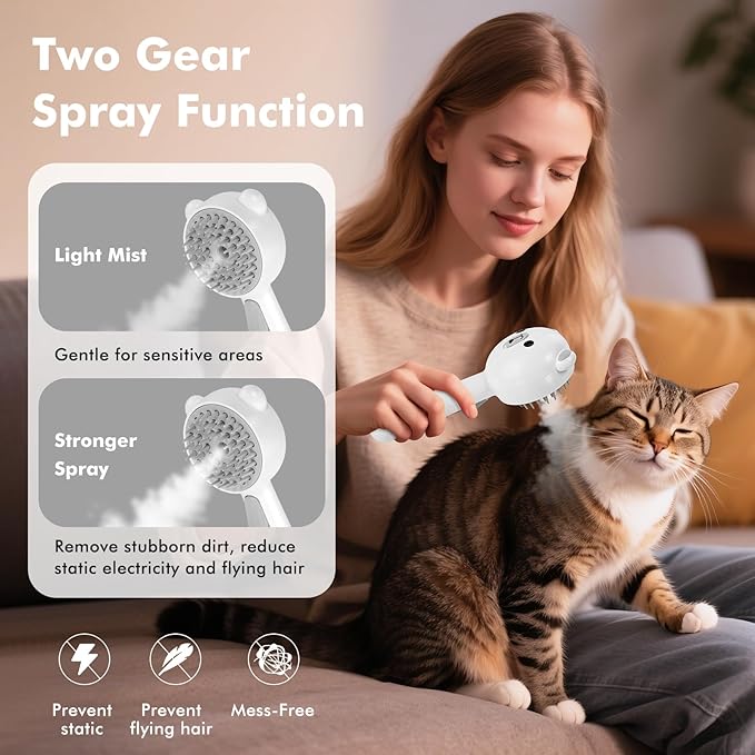 4 in 1 Pet Steam Brush for Cat & Dog, Cat Steam Brush for indoor Cats, Self Cleaning Shedding & Grooming Tool with Waterless Shampoo, Pet Spray Hair Removal Comb with Release Button & Water Tank-Mewly Pet