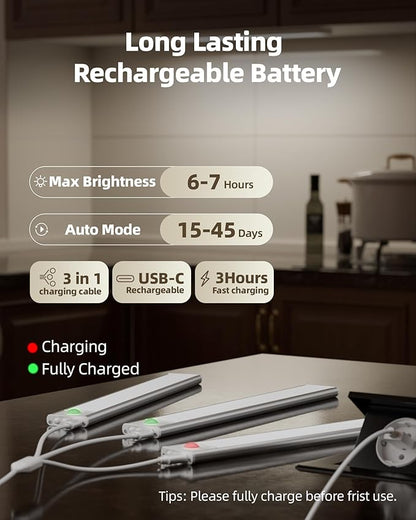 Under Cabinet Lighting Wireless,Rechargeable Battery Motion Sensor Light Indoor,LED Closet Lights USB Charging,3 Color Dimmable Under Cabinet Lights for Kitchen, Cabinet, Wardrobe (3 Pcs)12in