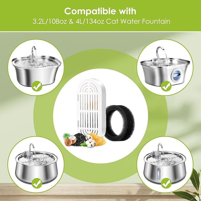 Cat Water Fountain Filters, 3 Pack Replacement Filters & Replacement Pre-Filter Sponges for Stainless Steel Pet Fountain with Water Level Window, Fountain Carbon Filters for Dog Water Dispenser Bowl-Mewly Pet