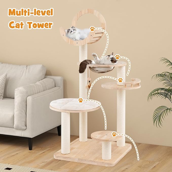 Tangkula Solid Wood Cat Tree, 4-in-1 Building Block Large Cat Tower with Space Capsule Nest, Scratching Posts, Padded Platform, Hanging Toy, Cat Tree Tower with 4 Transformations for Indoor Cats-Mewly Pet
