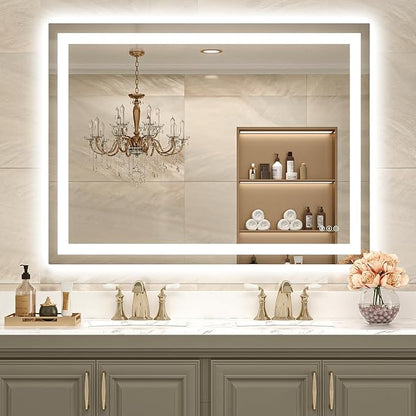 USHOWER LED Bathroom Mirror 48x36 Inch with Lights - Frameless Tempered Glass LED Backlit Lighted Mirror for Bathroom Vanity with Anti-Fog, 3 Colors Dimmable, Memory Function, Wall-Mounted