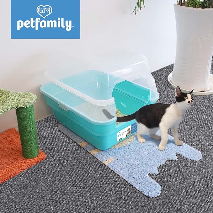 Petfamily Cat Litter Box, Large Foldable Jumbo Hooded Cat Litter Box with Transparent Lid (Teal)-Mewly Pet