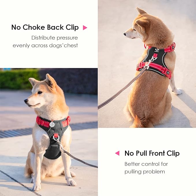 PHOEPET No Pull Dog Harness, Unique Colors Reflective Adjustable Dog Vest, with Soft Training Handle Metal Clips for Small Medium Large Dogs (Black Base & Red Straps,M)-Mewly Pet
