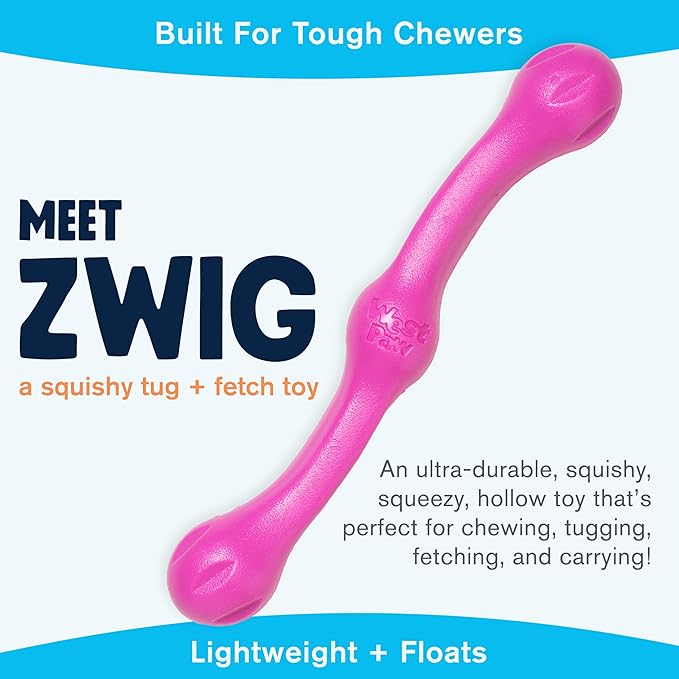 WEST PAW Zogoflex Echo Zwig Squeezy Dog Fetching Stick – Bouncy, Hollow, Squishy Interactive Toy for Puppies, Large Dogs – Floatable Stick, Lightweight Chewy Toy for Catch/Fetch – 13.75”, Hot Pink-Mewly Pet