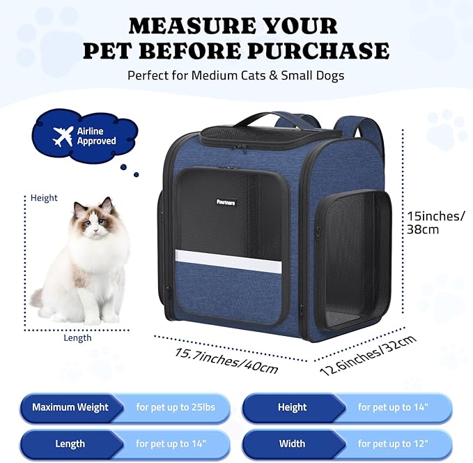 Pawtners Dog Backpack Carrier Dog Carrier with Anti-Scratch Mesh with Great Ventilation, Large Pet Carrier Backpack for Small Dogs & Large Cats, Foldable Designed Pet Backpack Perfect for Travel-Mewly Pet