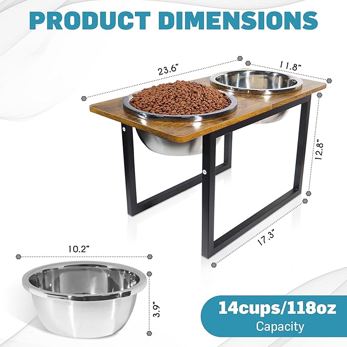 Elevated Dog Bowls for Large & Extra Large Breed Dogs - Raised Dog Feeding Station with Two Stainless Steel Bowls - Helps to Reduce Strain on Dog’s Neck & Joints - 3500 ML Capacity-Mewly Pet