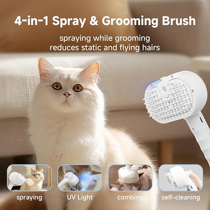 REIKIYA Cat Steam Brush,4-in-1 Spray Hair Removal Dog Brush for Shedding & Grooming with UV Light, Anti-Static Pet Spray Comb with One-Click Release Button-Mewly Pet