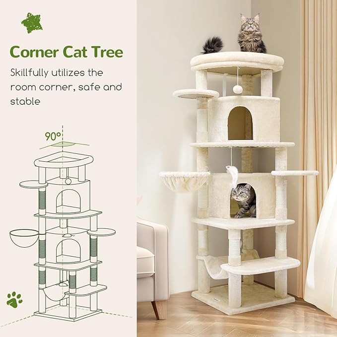 Globlazer Corner Cat Tree for Large Cats, 66inch Tall Curved Series Large Cat Tower for Multiple Indoor Cats with 6 Scratching Posts, 2 Spacious Cat Condos, Hammock, Hanging Basket, C66, Beige-Mewly Pet