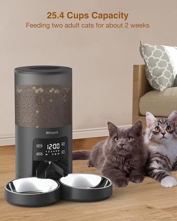 Automatic Cat Feeders - 6L Cat Food Dispenser with Double Bowls, Programmable Timed Feeder for Up to 6 Meals per Day with 10S Voice Recorder, Supports Dual Power Supply-Mewly Pet