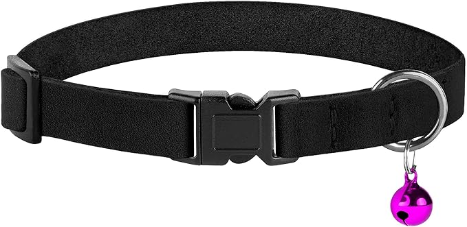 Breakaway Cat Collar Leather with Removable Bell - 13 Colors Available - Soft Adjustable Girl Boy Safety Lightweight Pet Kitten Collars Pink Brown Blue Green Red Orange Black (Black)-Mewly Pet