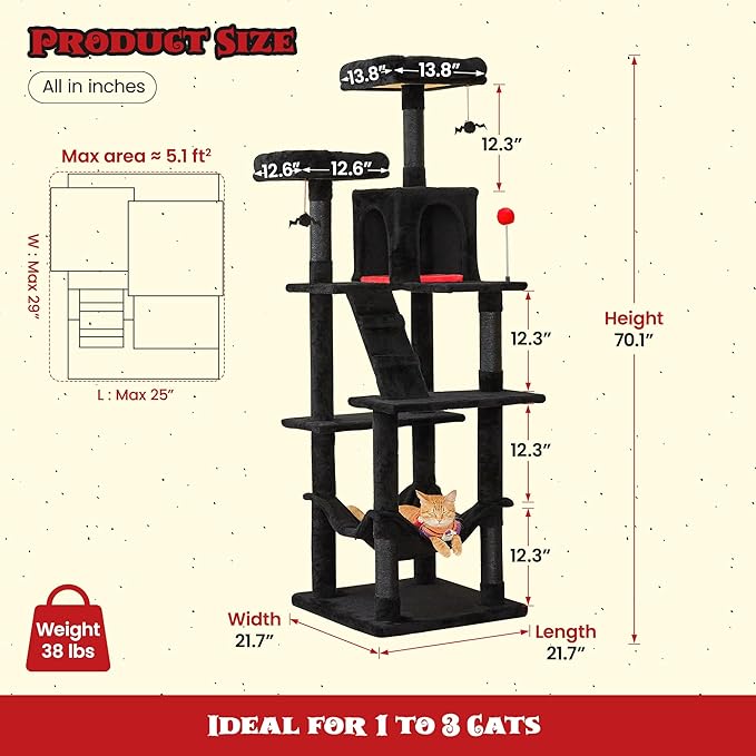 MWPO Gothic Large Cat Tree, 70.1-Inch Multi-Level Tall Cat Tower for Indoor Cats, Plush Cat Condo with Big Padded Perches, Sisal-Covered Scratching Posts, Hammock, Toys for Kittens & Cats, Black-Mewly Pet