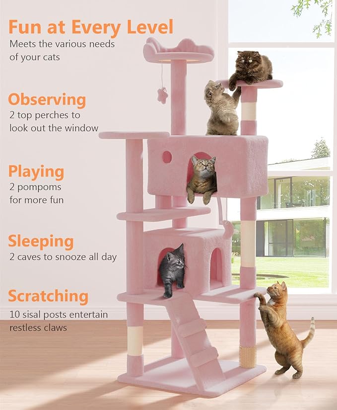 60'' Cat Tree Tower for Indoor Cats Large Adult,Cute/Tall Modern Cat Tree for Big Cats 20 lbs, Plush Multi-Level Cat Condo with Scratching Posts,Dangling for Fun Play (Soft Pink, 60 inch)-Mewly Pet