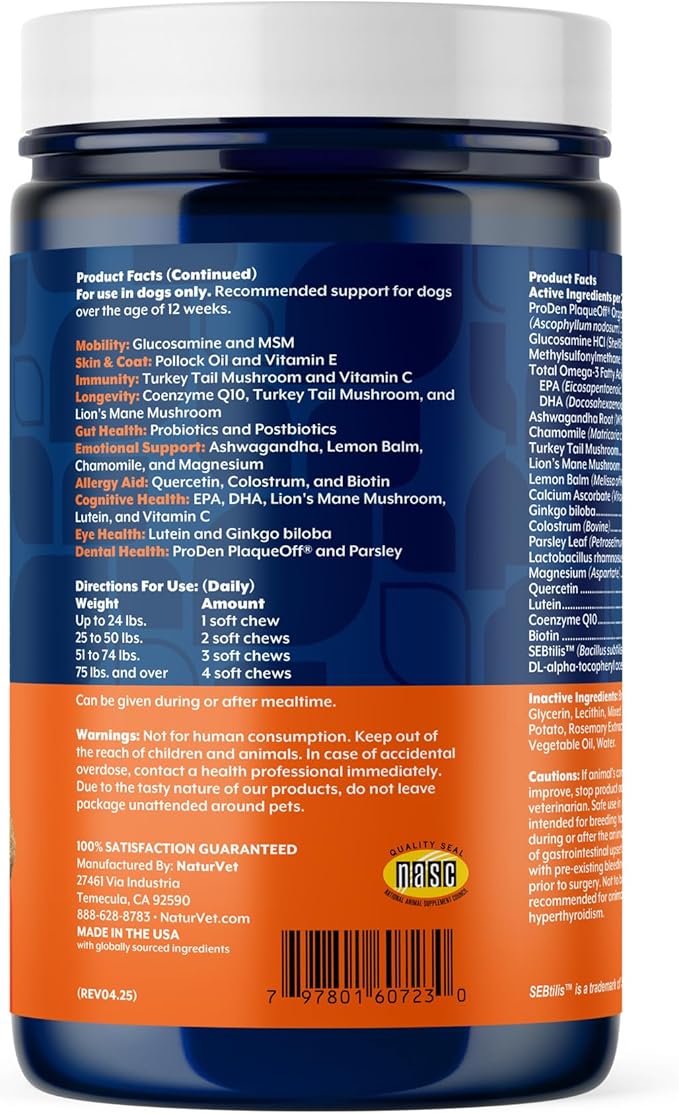 NaturVet All-in-One Adult Dog Daily Care, 10-in-1 Supplement Dog Soft Chews for Mobility, Skin, Digestion, Teeth, Cognition, Eyes, Hickory Smoked Bacon Flavored Pet Supplement for Dogs, 60 Count-Mewly Pet