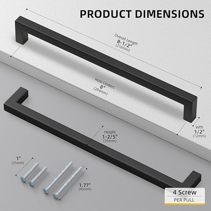 goldenwarm 150 Pack 8 Inch Black Cabinet Handles Matte Black Drawer Pulls Stainless Steel Cabinets Hardware Square Bar Modern for Kitchen Bathroom Cupboard